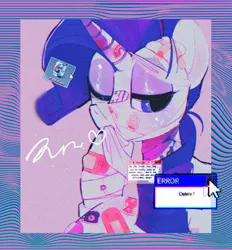 Size: 1902x2048 | Tagged: safe, artist:poneko-chan, derpibooru import, rarity, unicorn, aesthetics, bandage, candy, female, food, heart, ice cream, injured, one eye closed, rainbow, solo, stamp, telephone, vaporwave