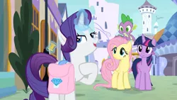 Size: 1366x768 | Tagged: alicorn, bag, canterlot, derpibooru import, dragon, fluttershy, magic, rarity, saddle bag, safe, screencap, spike, spool, telekinesis, the ending of the end, tower, twilight sparkle, twilight sparkle (alicorn), winged spike