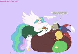 Size: 7000x4928 | Tagged: suggestive, alternate version, artist:badgerben, artist:bestthe, derpibooru import, discord, princess celestia, alicorn, anthro, draconequus, unguligrade anthro, belly, big belly, big breasts, boob smothering, breasts, busty princess celestia, butt, cookie, dislestia, fat, fatcord, feeding, female, food, housewife, huge belly, huge breasts, huge butt, hyper, hyper breasts, hyper butt, immobile, impossibly large belly, impossibly large breasts, impossibly large butt, impossibly large thighs, large butt, male, morbidly obese, obese, overweight, shipping, smothering, straight, thighs, thunder thighs