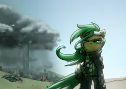 Size: 1920x1363 | Tagged: safe, artist:captainhoers, derpibooru import, oc, oc:atom smasher, unofficial characters only, pegasus, pony, fallout equestria, fallout equestria: duck and cover, clothes, fanfic art, female, goggles, gun, jacket, mare, pipbuck, shutter shades, solo, swirly glasses, vault suit, wasteland, weapon