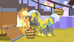 Size: 1366x768 | Tagged: safe, derpibooru import, screencap, applejack, unicorn, the ending of the end, apple, balloon, bucket, food, inspection, royal guard, stare, suspicious, table