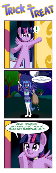 Size: 1193x3666 | Tagged: accessory theft, alicorn, anthro, apple bloomers, artist:anibaruthecat, belly button, candy, clothes, clothing theft, comic, costume, derpibooru import, dragon, food, funny, halloween, halloween costume, holiday, joke, midriff, nightmare night, nightmare night costume, ponysuit, princess luna, s1 luna, safe, shorts, spike, stolen, thief, twilight sparkle, twilight sparkle (alicorn), unguligrade anthro