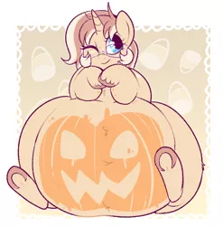 Size: 742x752 | Tagged: safe, artist:lulubell, derpibooru import, oc, oc:lulubell, unofficial characters only, pony, adorafatty, belly, belly button, big belly, chubby, cute, fat, female, glasses, halloween, holiday, jack-o-lantern, large belly, mare, obese, ocbetes, one eye closed, paint on fur, pumpkin, solo, wink