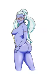 Size: 1600x2500 | Tagged: suggestive, artist:albertbm, derpibooru import, edit, sugarcoat, equestria girls, ass, bedroom eyes, bikini, boobs and butt pose, breasts, busty sugarcoat, butt, clothes, female, glasses, looking at you, looking back, looking back at you, micro bikini, pigtails, sideboob, simple background, sling bikini, solo, solo female, stupid sexy sugarcoat, sugarcheeks, swimsuit, thick, thighs, twintails, white background