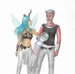 Size: 2416x2392 | Tagged: artist:happyhomeless, clothes, cobble glow, cozybuse, cozy glow, cozylove, crying, daddy tirek, dark skin, derpibooru import, dress, elf ears, family, feels, female, hand on shoulder, horn, horned humanization, hug, human, humanized, legion of doom, loincloth, looking at each other, lord tirek, male, mommy chrissy, nose piercing, nose ring, petrification, piercing, pony coloring, queen chrysalis, sad, safe, scared, scene interpretation, simple background, skirt, tanktop, the ending of the end, traditional art, white background, winged humanization, wings