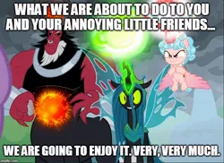Size: 688x500 | Tagged: alicorn, alicornified, avengers: endgame, cozycorn, cozy glow, cropped, derpibooru import, dialogue, edit, edited screencap, evil grin, glowing horn, grin, horn, lord tirek, magic, meme, queen chrysalis, race swap, safe, screencap, smiling, text, thanos, the ending of the end, trio, ultimate chrysalis
