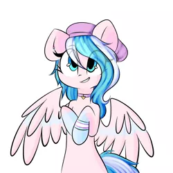 Size: 2000x2000 | Tagged: safe, artist:thieftea, derpibooru import, oc, oc:foxyhollows, unofficial characters only, pegasus, pony, beret, collar, cute, female, hat, mare, simple background, solo, white background, wings
