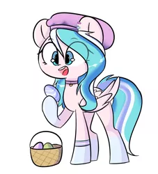 Size: 2000x2200 | Tagged: safe, artist:thieftea, derpibooru import, oc, oc:foxyhollows, pegasus, pony, basket, collar, cute, egg, female, hat, mare, solo, wings