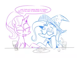 Size: 2162x1635 | Tagged: safe, artist:cassettepunk, deleted from derpibooru, derpibooru import, starlight glimmer, trixie, pony, unicorn, dialogue, duo, female, food, lineart, looking at each other, mare, simple background, speech bubble, white background