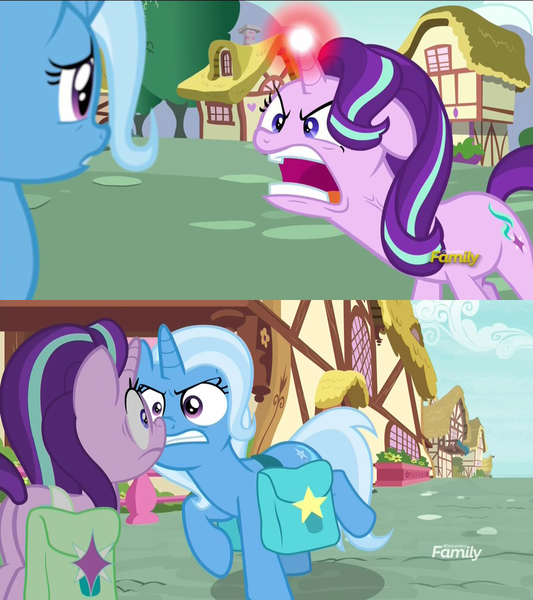 Size: 800x900 | Tagged: safe, derpibooru import, edit, edited screencap, screencap, starlight glimmer, trixie, pony, unicorn, all bottled up, student counsel, spoiler:comic, 100% rage, 200% angry, angry, bag, boop, comparison, discovery family logo, female, glowing horn, horn, looking at each other, mare, meme, nervous, nose to nose, ponyville, quiet, ragelight glimmer, saddle bag, special eyes, vein bulge, wide eyes