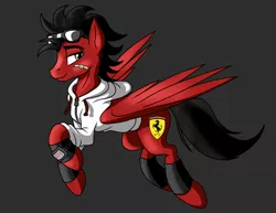 Size: 2200x1700 | Tagged: safe, artist:whitepone, derpibooru import, oc, pegasus, pony, clothes, ferrari, flying, glasses, hoodie, male, stallion