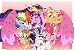 Size: 1000x666 | Tagged: safe, artist:wanderingpegasus, derpibooru import, applejack, fluttershy, pinkie pie, rainbow dash, rarity, twilight sparkle, twilight sparkle (alicorn), alicorn, earth pony, pegasus, pony, unicorn, the last problem, crown, crying, end of ponies, eyes closed, female, grin, group, hug, jewelry, mane six, mare, older, older applejack, older fluttershy, older pinkie pie, older rainbow dash, older rarity, regalia, smiling, tears of joy, winghug