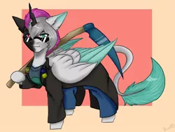 Size: 800x600 | Tagged: artist needed, safe, derpibooru import, oc, oc:king dorigan, oc:light knight, unofficial characters only, changeling, pony, postal, postal dude, purple changeling, scythe