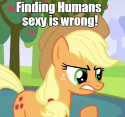 Size: 845x789 | Tagged: safe, derpibooru import, edit, edited screencap, screencap, applejack, earth pony, human, pony, keep calm and flutter on, angry, apple, apple tree, caption, cropped, female, food, image macro, implied interspecies, mare, solo, text, tree