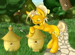 Size: 1024x745 | Tagged: safe, artist:anikawolf, derpibooru import, oc, unofficial characters only, bee, insect, pony, bee box, beehive, forest, grass, solo, tree