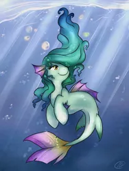 Size: 1024x1365 | Tagged: artist:meggchan, bubble, crepuscular rays, derpibooru import, female, oc, ocean, safe, sea pony, smiling, solo, underwater, unofficial characters only