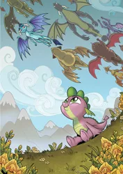 Size: 2550x3600 | Tagged: safe, artist:brendahickey, derpibooru import, clump, princess ember, spike, viverno, dragon, cute, dragon migration, dragoness, female, flower, flying, happy, looking at something, looking up, male, mountain, scenery, sitting, spikabetes, spread wings, wings