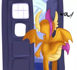 Size: 794x720 | Tagged: a horse shoe-in, artist:jbond, crossover, derpibooru import, doctor who, facing away, rear view, safe, smolder, solo, tardis, text, wow