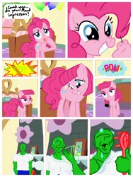 Size: 2400x3200 | Tagged: safe, artist:capital_t, derpibooru import, maud pie, pinkie pie, oc, oc:anon, earth pony, human, pony, comic:pinkie maud roleplay, balloon, bedroom, behaving like maud pie, clothes, comic, dialogue, fan, female, hoof fingers, mare, needle, pants, pinkie being pinkie, pinkie physics, roleplay, roleplaying, shirt, show accurate, smiling, sweat