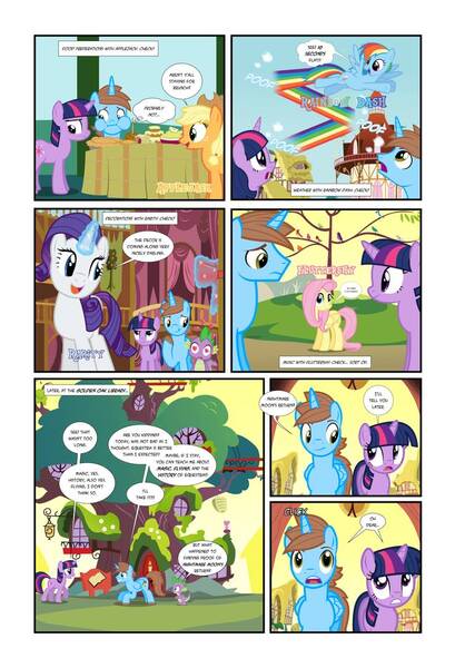 Size: 738x1083 | Tagged: safe, artist:koolfrood, derpibooru import, applejack, fluttershy, pinkie pie, rainbow dash, rarity, spike, twilight sparkle, oc, oc:ian denney, alicorn, earth pony, pegasus, pony, unicorn, comic:ian's story, comic, golden oaks library, mane six