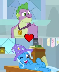 Size: 884x1080 | Tagged: a horse shoe-in, derpibooru import, edit, edited screencap, female, gigachad spike, male, older, older spike, safe, screencap, shipping, shipping domino, spike, spixie, straight, the last problem, trixie