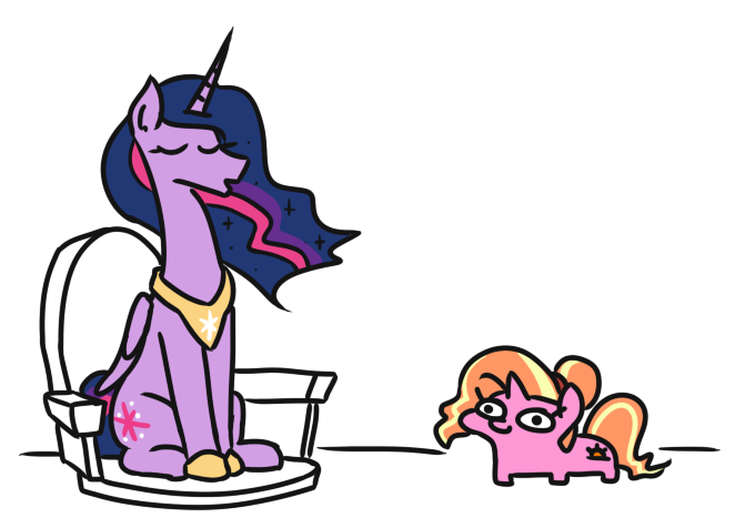 Size: 680x467 | Tagged: safe, artist:jargon scott, derpibooru import, luster dawn, princess twilight 2.0, twilight sparkle, twilight sparkle (alicorn), alicorn, pony, unicorn, the last problem, callback, irony, lustie, simple background, smol, squatpony, the ride never ends, the tables have turned, tol, twiggie, twiggie 2.0, white background, woonoggles