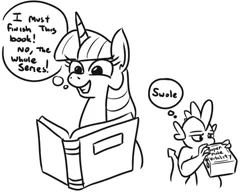 Size: 609x475 | Tagged: safe, artist:jargon scott, derpibooru import, spike, twilight sparkle, twilight sparkle (alicorn), alicorn, dragon, pony, black and white, book, dialogue, drinking, female, grayscale, male, mare, meme, monochrome, ponified meme, reading, simple background, super male vitality, swol, swole, white background