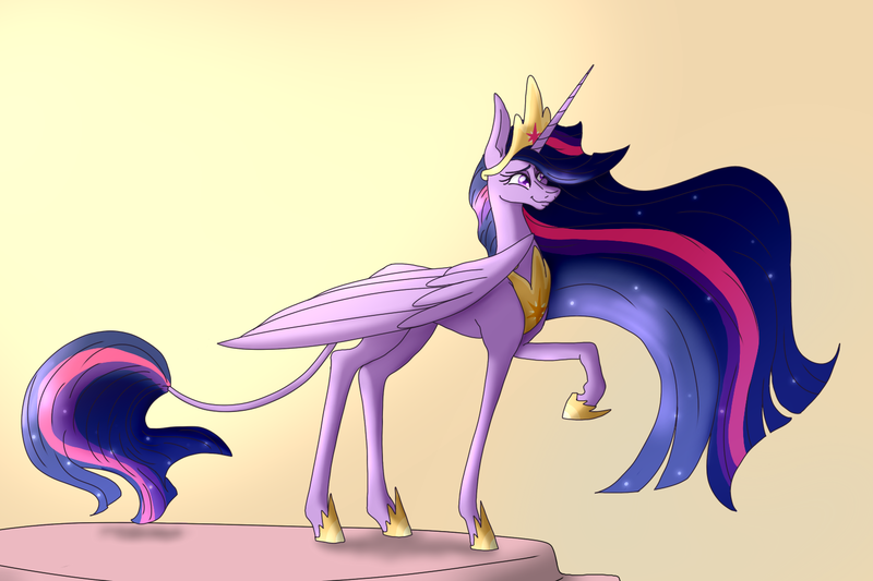 Size: 1500x1000 | Tagged: safe, artist:teacozy1, derpibooru import, princess twilight 2.0, twilight sparkle, twilight sparkle (alicorn), alicorn, pony, the last problem, female, jewelry, leonine tail, mare, older, older twilight, one hoof raised, regalia, solo