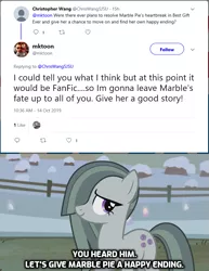 Size: 645x837 | Tagged: safe, derpibooru import, marble pie, earth pony, pony, best gift ever, answer, encouragement, episode idea, fanfic idea, female, hope, mare, message, meta, mike vogel, question, response, season 10, twitter