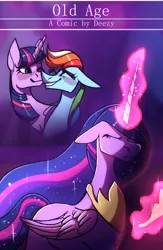 Size: 1920x2952 | Tagged: safe, artist:sakishithewolf, derpibooru import, princess twilight 2.0, rainbow dash, twilight sparkle, twilight sparkle (alicorn), alicorn, pony, comic:old age, the last problem, blushing, comic, cover, eyes closed, female, immortality blues, lesbian, older, older twilight, shipping, twidash