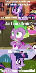 Size: 569x1149 | Tagged: safe, derpibooru import, edit, edited screencap, screencap, rarity, spike, twilight sparkle, dragon, pony, unicorn, series:spikebob scalepants, dragon quest, friendship is magic, apron, blushing, caption, clothes, comic, female, food, golden oaks library, grin, mare, naked apron, nervous, nervous grin, one krabs trash, reference, screencap comic, smiling, spongebob squarepants, text, unicorn twilight