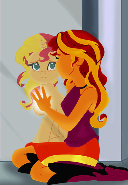 Size: 879x1269 | Tagged: safe, artist:sarcasticleaves, derpibooru import, sunset shimmer, human, pony, unicorn, equestria girls, rainbow rocks, duality, female, homesick shimmer, human ponidox, kneeling, magic mirror, mare, reflection, remorse, sad, self ponidox, sunsad shimmer, touching