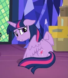 Size: 587x670 | Tagged: safe, derpibooru import, screencap, twilight sparkle, twilight sparkle (alicorn), alicorn, pony, the last problem, cropped, cute, floppy ears, looking back, sad, sad face, sadorable, sitting, solo, spread wings, twiabetes, wings