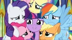 Size: 1668x939 | Tagged: safe, derpibooru import, screencap, applejack, fluttershy, pinkie pie, rainbow dash, rarity, twilight sparkle, twilight sparkle (alicorn), alicorn, earth pony, pegasus, pony, unicorn, the last problem, applejack's hat, comforting, cowboy hat, cropped, crying, female, freckles, group, group hug, hat, hug, mane six, mare, open mouth, sad, sad smile, spread wings, tears of joy, teary eyes, wavy mouth, wings