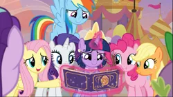 Size: 1669x939 | Tagged: safe, derpibooru import, screencap, applejack, fluttershy, pinkie pie, rainbow dash, rarity, spike, starlight glimmer, twilight sparkle, twilight sparkle (alicorn), alicorn, dragon, earth pony, pegasus, pony, unicorn, the last problem, applejack's hat, book, clothes, coronation dress, cowboy hat, cropped, crown, cute, dress, female, flying, glowing horn, group, hat, horn, jewelry, levitation, magic, male, mane eight, mane six, mare, open mouth, raised hoof, regalia, second coronation dress, smiling, telekinesis