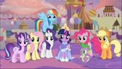 Size: 1669x941 | Tagged: safe, derpibooru import, screencap, applejack, fluttershy, pinkie pie, rainbow dash, rarity, spike, starlight glimmer, twilight sparkle, twilight sparkle (alicorn), alicorn, dragon, earth pony, pegasus, pony, unicorn, the last problem, applejack's hat, clothes, coronation dress, cowboy hat, cropped, crown, dress, female, group, hat, jewelry, male, mane eight, mane six, mare, regalia, second coronation dress, smiling, winged spike