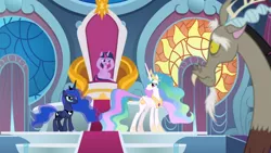 Size: 1366x768 | Tagged: alicorn, curtains, derpibooru import, disbelief, discord, princess celestia, princess luna, sad, safe, screencap, stained glass window, stairs, the ending of the end, throne, throne room, twilight sparkle, twilight sparkle (alicorn)