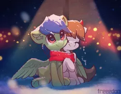 Size: 1800x1400 | Tagged: safe, artist:freeedon, derpibooru import, oc, oc:block rain, earth pony, pegasus, pony, clothes, cold, hug, lamp post, outdoors, scarf, shared clothing, shared scarf, sitting, smiling, snow, spread wings, wings, winter