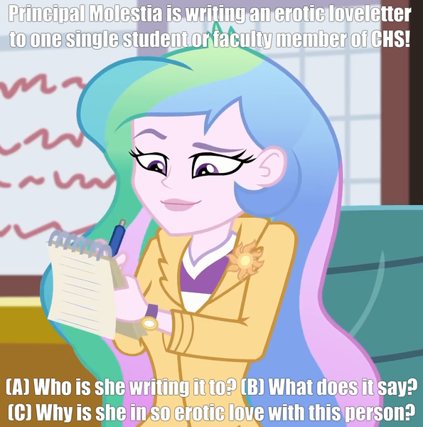 Size: 1005x1014 | Tagged: safe, derpibooru import, edit, edited edit, edited screencap, screencap, princess celestia, princess molestia, equestria girls, equestria girls series, schedule swap, spoiler:eqg series (season 2), blazer, canterlot high, caption, chair, clock, clothes, cropped, cutie mark, exclamation point, eyebrows, eyelashes, eyes open, female, happy, holiday, indoors, jacket, lipstick, meme, notepad, paper, pen, pencil, pin, principal celestia, principal molestia, question, question mark, shirt, smiling, solo, symbol, t-shirt, text, wall of tags, watch, wristwatch, writing