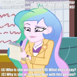 Size: 1005x1014 | Tagged: safe, derpibooru import, edit, edited edit, edited screencap, screencap, princess celestia, princess molestia, equestria girls, equestria girls series, schedule swap, spoiler:eqg series (season 2), blazer, canterlot high, caption, chair, clock, clothes, cropped, cutie mark, exclamation point, eyebrows, eyelashes, eyes open, female, happy, holiday, indoors, jacket, lipstick, meme, notepad, paper, pen, pencil, pin, principal celestia, principal molestia, question, question mark, shirt, smiling, solo, symbol, t-shirt, text, wall of tags, watch, wristwatch, writing