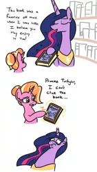 Size: 676x1200 | Tagged: safe, artist:jargon scott, derpibooru import, luster dawn, princess twilight 2.0, twilight sparkle, twilight sparkle (alicorn), alicorn, pony, unicorn, the last problem, bags under eyes, book, bookcase, boomer, boomer humor, comic, dialogue, eyes closed, female, frown, funny, glowing horn, hoof hold, horn, horrified, levitation, magic, mare, millennial luster dawn, onomatopoeia, open mouth, peytral, poking, raised eyebrow, simple background, smiling, telekinesis, text, what has science done, white background, wide eyes, zoomer