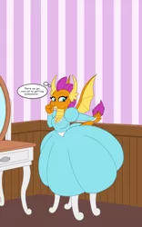 Size: 1250x2000 | Tagged: artist:runningtoaster, breasts, cartoon physics, chair, cleavage, clothes, comic:smoulder up, commission, derpibooru import, dialogue, dragon, dragoness, dress, female, growth, mirror, princess smolder, safe, samantha goldenwing, self inflation, smolder, solo, thought bubble, transformation