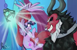 Size: 3300x2135 | Tagged: safe, artist:therealakineko, derpibooru import, lord tirek, twilight sparkle, twilight sparkle (alicorn), alicorn, centaur, pony, the ending of the end, bell, female, grab, grogar's bell, high res, male, mare, scene interpretation, twilight vs tirek