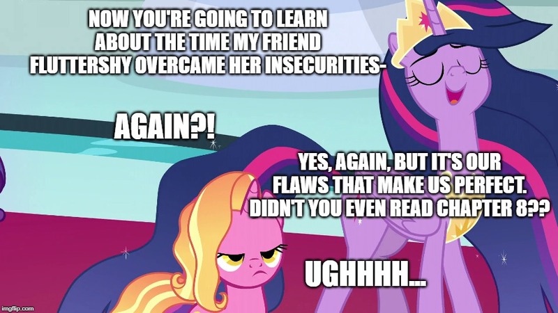 Size: 888x499 | Tagged: safe, derpibooru import, edit, edited screencap, screencap, luster dawn, princess twilight 2.0, twilight sparkle, twilight sparkle (alicorn), alicorn, pony, unicorn, fame and misfortune, the last problem, caption, exploitable meme, image macro, implied fluttershy, luster dawn is not amused, meme, older, older twilight, reminiscing, text, twilight 2.0's reminiscences