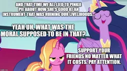 Size: 888x499 | Tagged: safe, derpibooru import, edit, edited screencap, screencap, luster dawn, princess twilight 2.0, twilight sparkle, twilight sparkle (alicorn), alicorn, pony, unicorn, the last problem, yakity-sax, caption, exploitable meme, image macro, implied pinkie pie, luster dawn is not amused, meme, older, older twilight, reminiscing, text