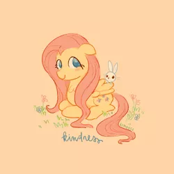 Size: 1280x1280 | Tagged: safe, artist:kimoose, derpibooru import, angel bunny, fluttershy, pegasus, pony, chest fluff, cute, female, floppy ears, flower, mare, no pupils, pink background, ponyloaf, prone, shyabetes, simple background, solo