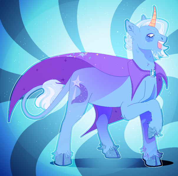 Size: 872x866 | Tagged: safe, artist:kittysplinters, derpibooru import, trixie, classical unicorn, pony, unicorn, abstract background, cape, clothes, cloven hooves, female, leonine tail, mare, raised hoof, solo, unshorn fetlocks