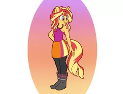 Size: 1300x1000 | Tagged: alternative cutie mark placement, anthro, artist:heir-of-rick, clothes, cute, derpibooru import, gradient background, plantigrade anthro, safe, shimmerbetes, shoulder cutie mark, simple background, smiling, solo, sunset shimmer, white background