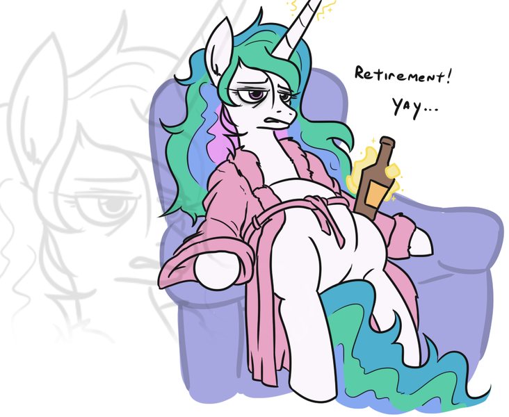 Size: 973x798 | Tagged: safe, artist:jargon scott, derpibooru import, princess celestia, alicorn, pony, alcohol, beer, beer belly, bottle, clothes, depressed, depressedia, fat, featureless crotch, female, food baby, lazy, magic, mare, not pregnant, red letter media, robe, sitting, solo, zoom layer