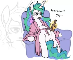 Size: 973x798 | Tagged: safe, artist:jargon scott, derpibooru import, princess celestia, alicorn, pony, alcohol, beer, beer belly, bottle, clothes, depressed, depressedia, fat, featureless crotch, female, food baby, lazy, magic, mare, not pregnant, red letter media, robe, sitting, solo, zoom layer